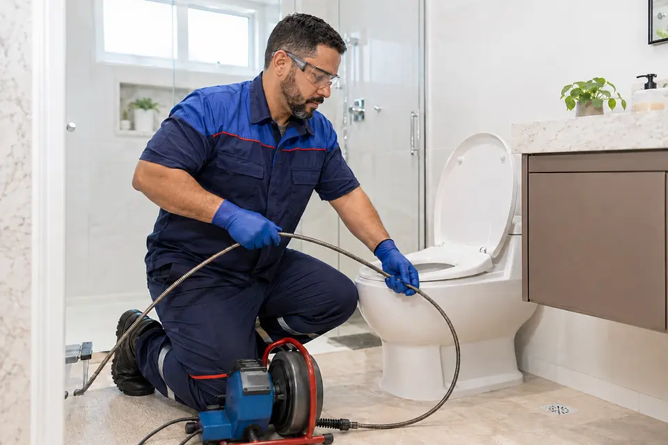 Profissional da Roodolimp realizando desentupimento de vaso sanitário