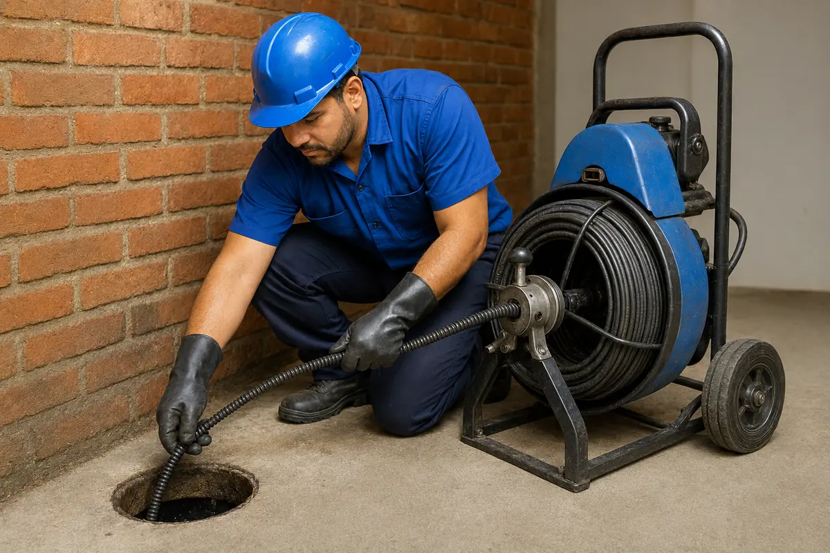 Técnico com uniforme azul desentupindo esgoto