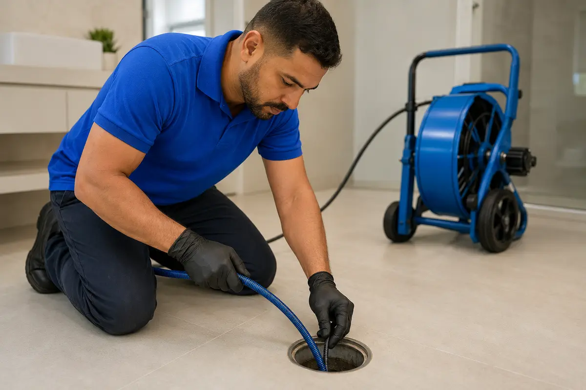 Técnico com uniforme azul desentupindo ralo